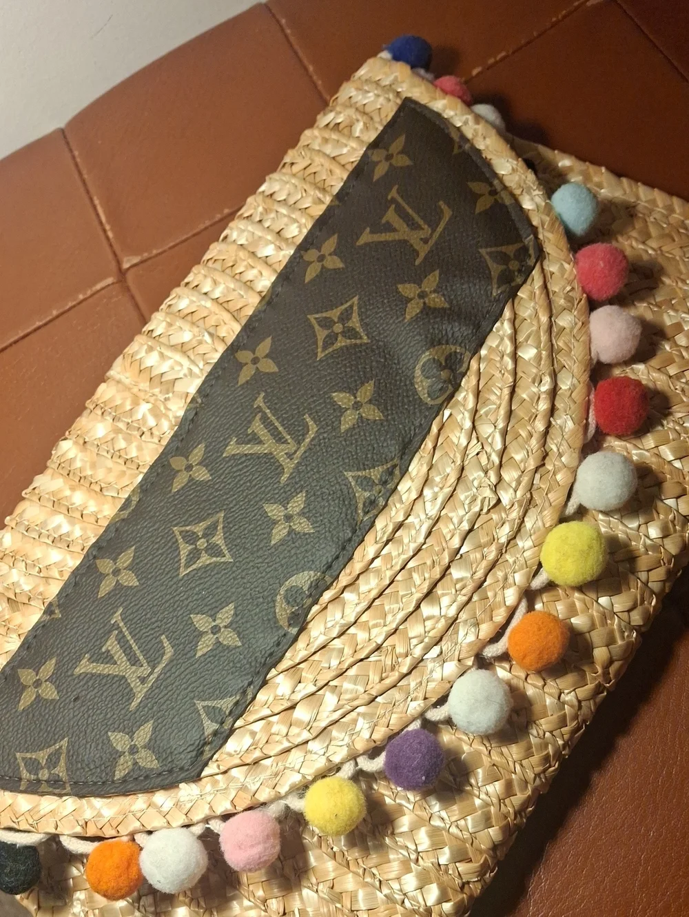 Upcycle Louis Vuitton Straw Clutch with Monogram Panel and Colorful Pom-Poms